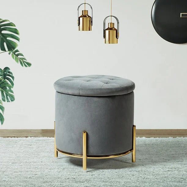 Velvet Round Storage Ottoman with Removable Lid, Gold Metal Legs - myhomestore.com.pk