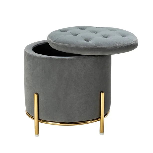 Velvet Round Storage Ottoman with Removable Lid, Gold Metal Legs - myhomestore.com.pk