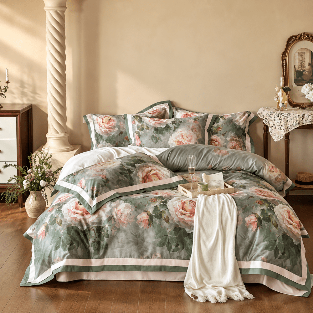 Vintage Rose Oil Printing Style Printed Duvet Set - myhomestore.com.pk