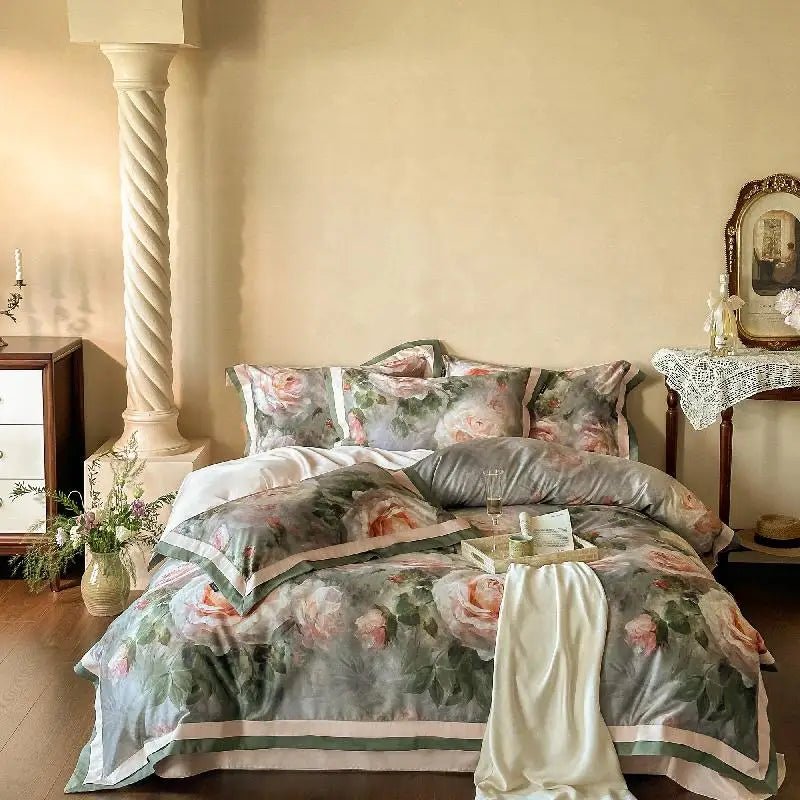 Vintage Rose Oil Printing Style Printed Duvet Set - myhomestore.com.pk