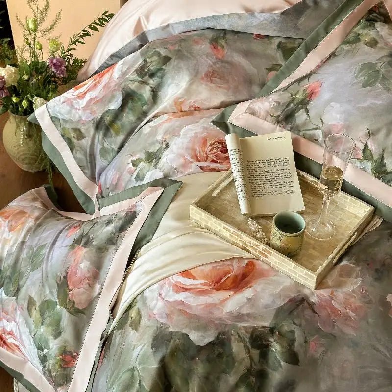 Vintage Rose Oil Printing Style Printed Duvet Set - myhomestore.com.pk