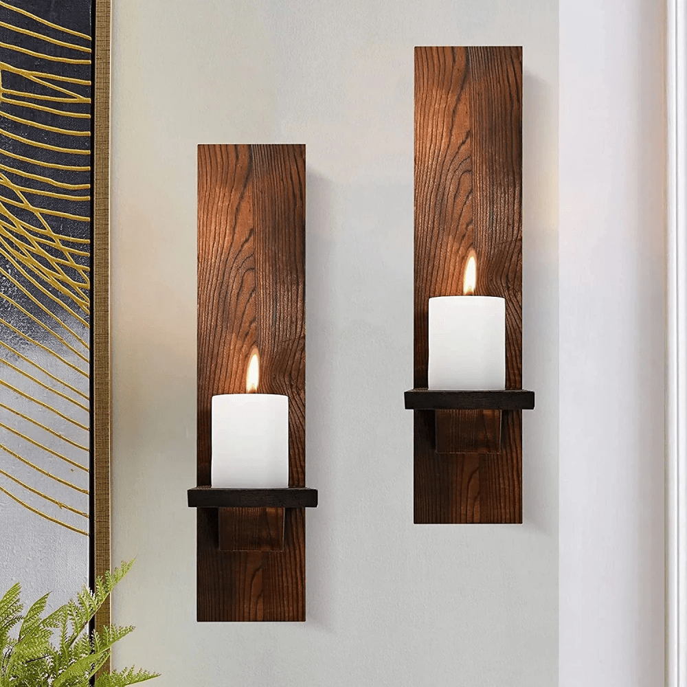 Wall Candle Sconces Set of 2, Decorative Wooden Candle Holder, Farmhouse Candle Sconce, Living Room Wall Decoration, - myhomestore.com.pk