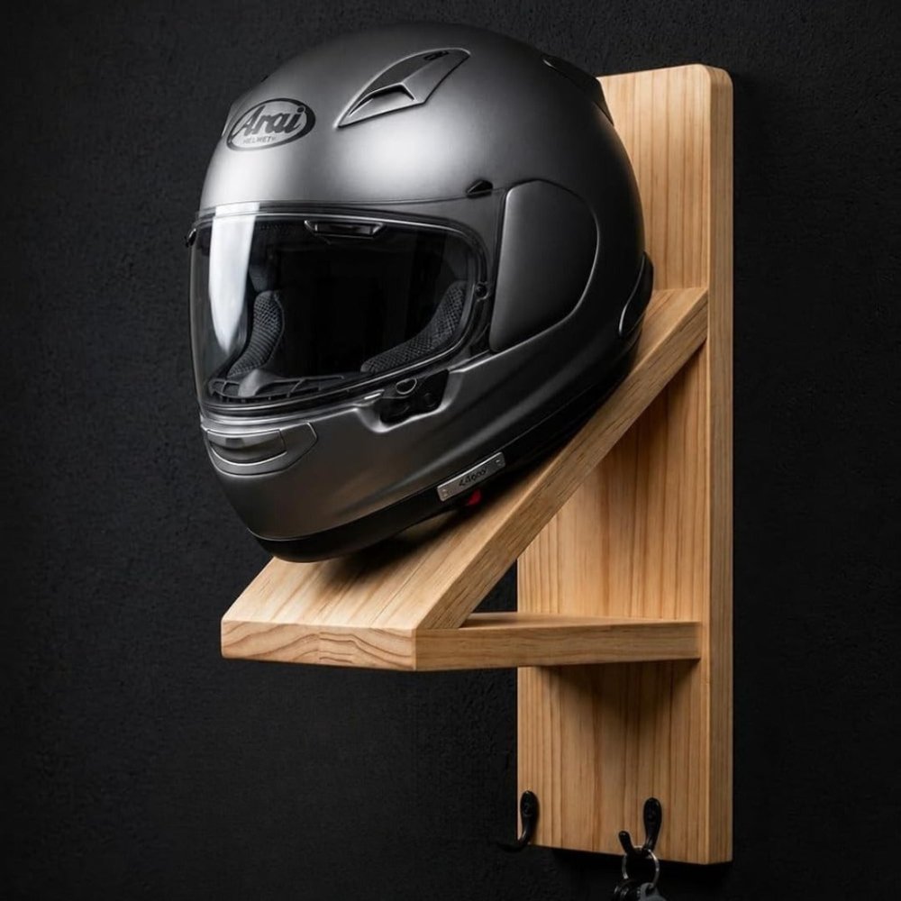 Wall Mounted Helmet Stand with Key Hooks & Utility Shelf - myhomestore.com.pk