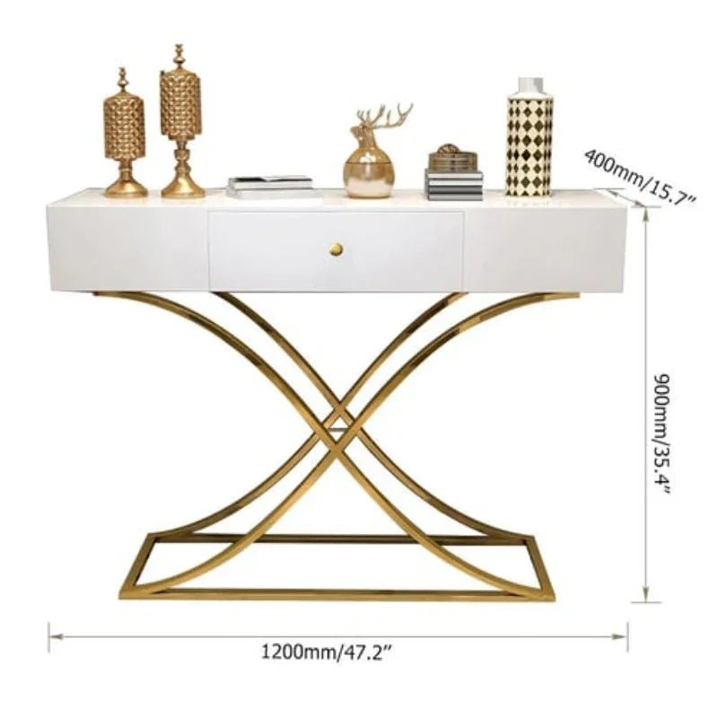 White Console Table with Drawer Entryway Table Contemporary for Hallway X Gold Base - myhomestore.com.pk