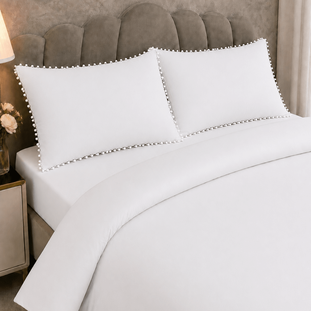 white Duvet Cover Set with White Pom Pom Lace Pillowcases - myhomestore.com.pk