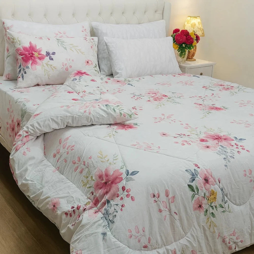 White & Pink Printed Quilt Set – Fresh Floral Bed Set - myhomestore.com.pk