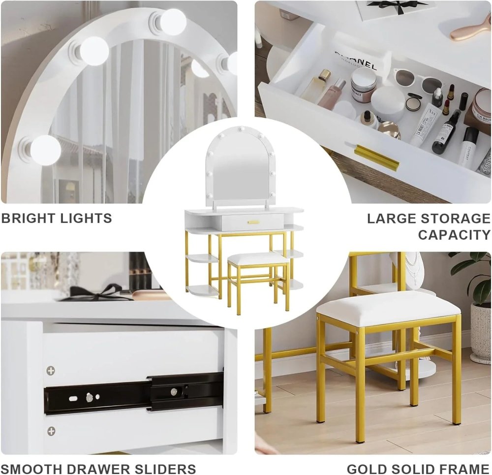 White Vanity Mirror with Lights and Table Set with Drawers, - myhomestore.com.pk