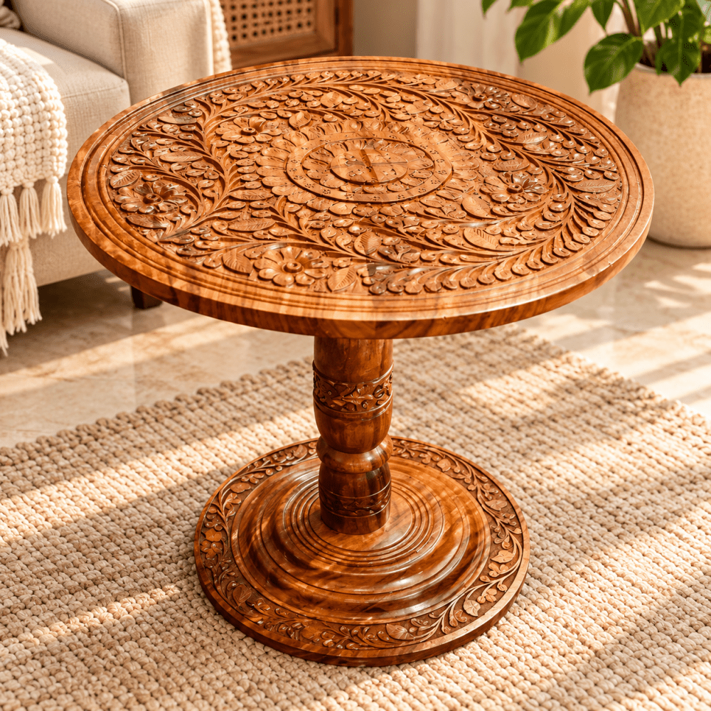 Wooden Round Coffee table Hand Carving - myhomestore.com.pk