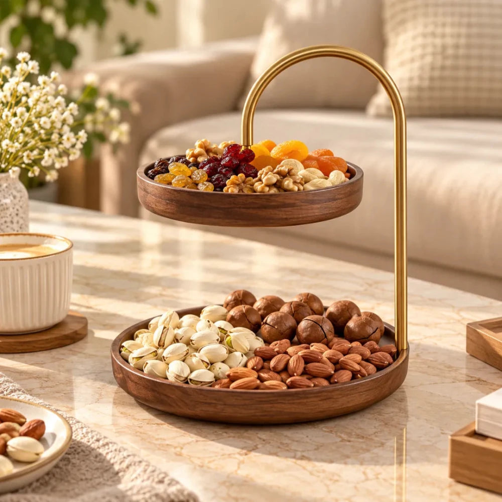 Wooden Round Double Layer Dessert Serving Tray – Elegant Tiered Display Stand - myhomestore.com.pk