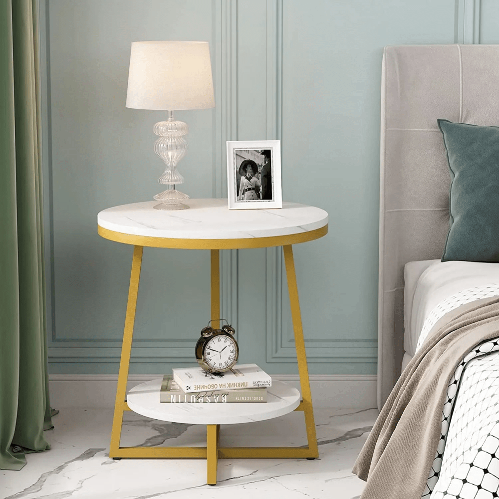 2 Tier Marble MDF Side Table with Storage Shelf - myhomestore.com.pk