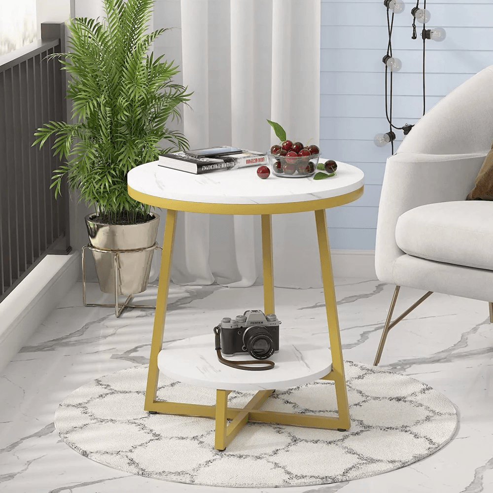 2 Tier Marble MDF Side Table with Storage Shelf - myhomestore.com.pk
