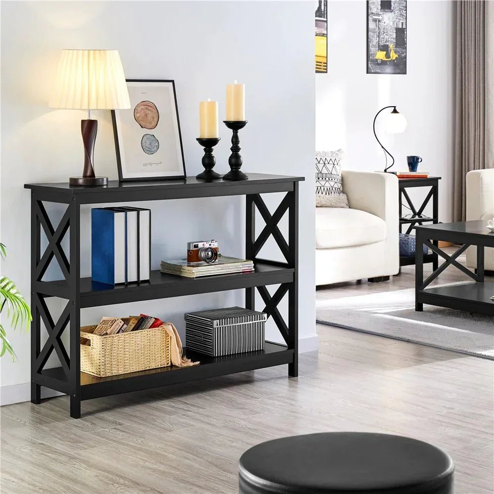3 Tier X - Design Console Table with Storage Shelves, Black - myhomestore.com.pk