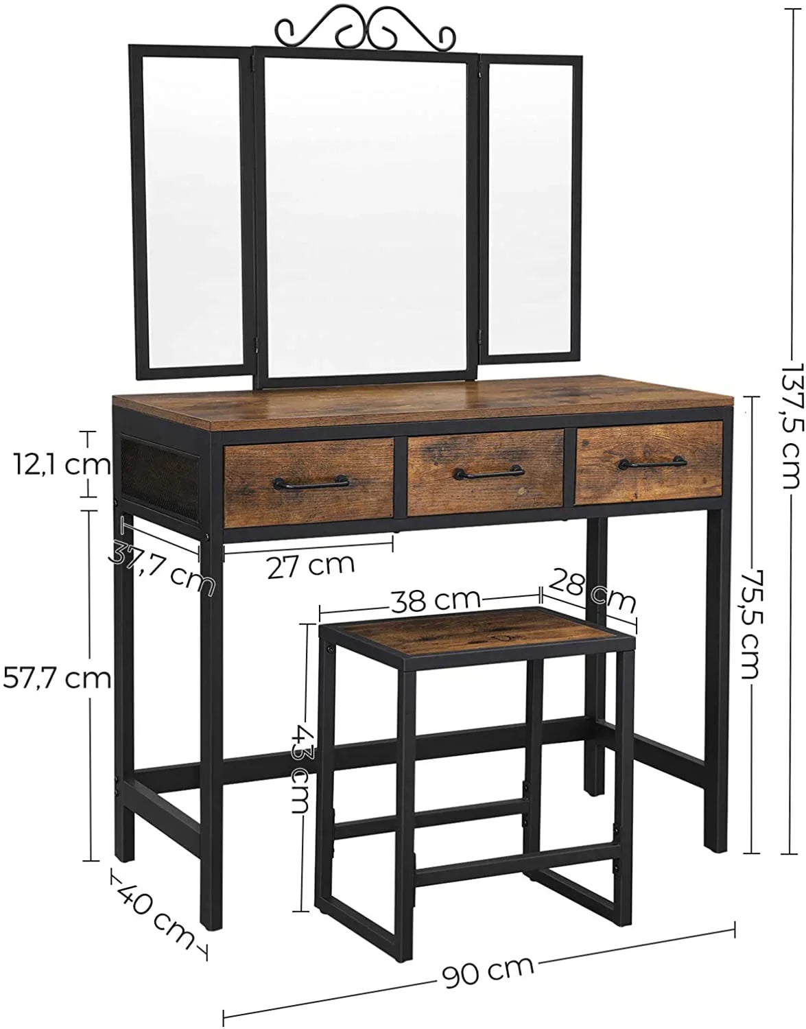 Dressing Table, Makeup Desk with 1 Stool, Tri-Fold Mirror and 3 Drawers, Steel Frame - myhomestore.com.pk