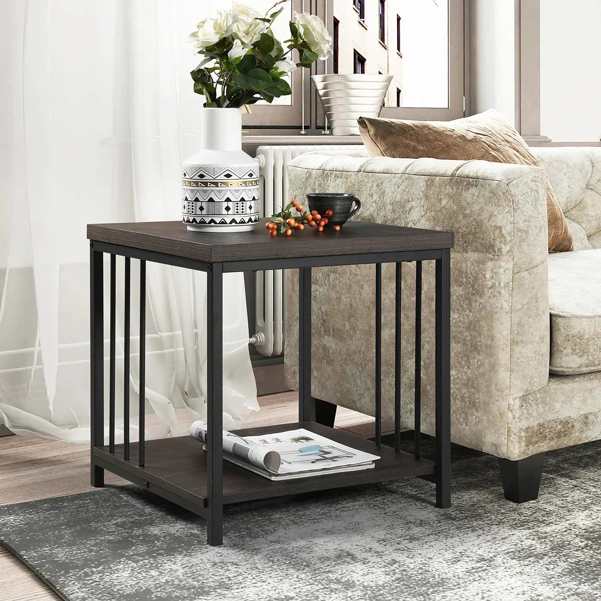 Furniture R Brown Metal Wood End Table - myhomestore.com.pk