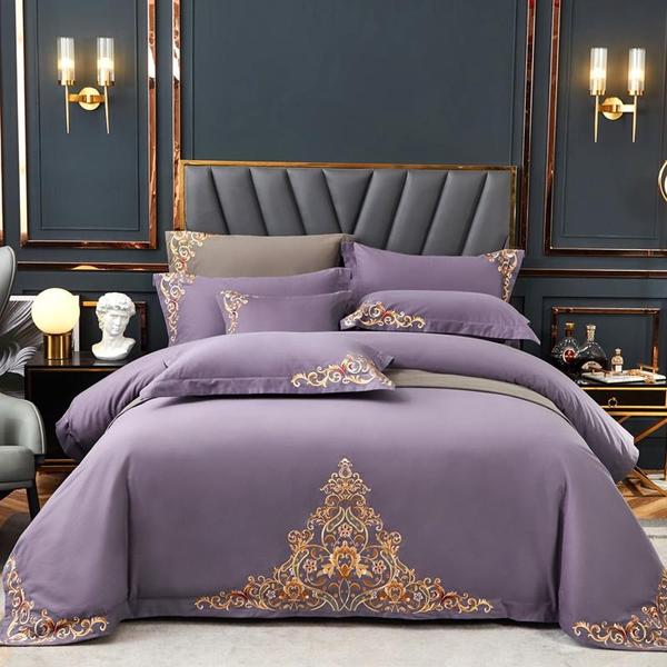 Purple Elegant Embroidered Cotton European Style Duvet Set