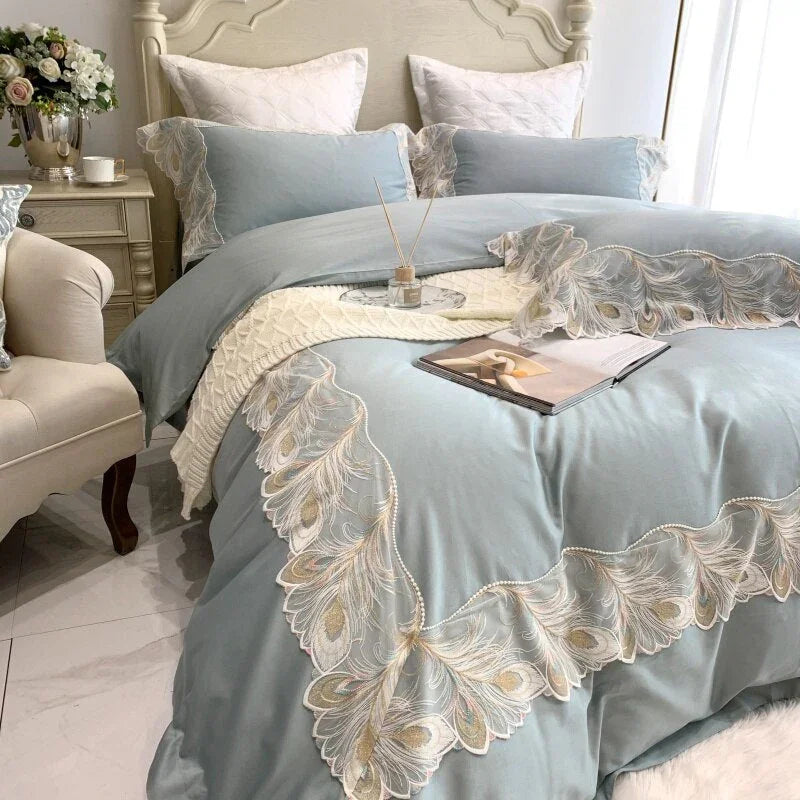 Luxury New Feather Lace Embroidery Duvet Set - myhomestore.com.pk