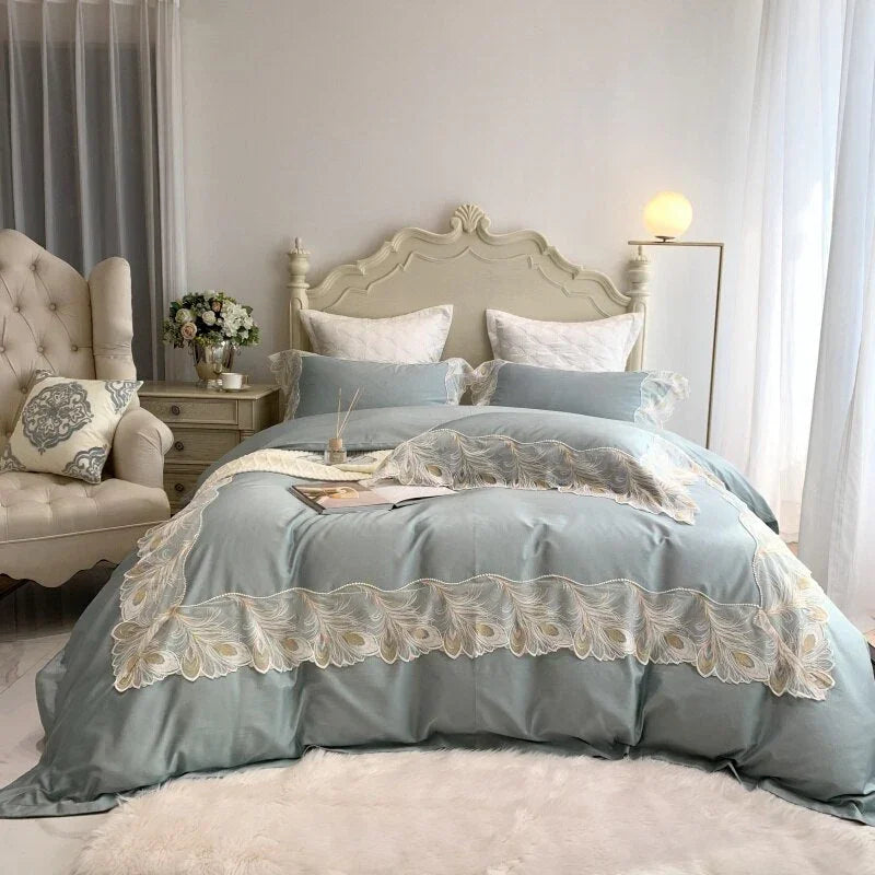 Luxury New Feather Lace Embroidery Duvet Set - myhomestore.com.pk