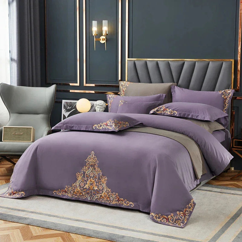 Purple Elegant Embroidered Cotton European Style Duvet Set - myhomestore.com.pk