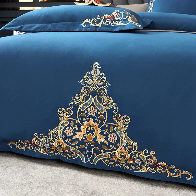 Blue Elegant Embroidered Cotton European Style Duvet Set - myhomestore.com.pk