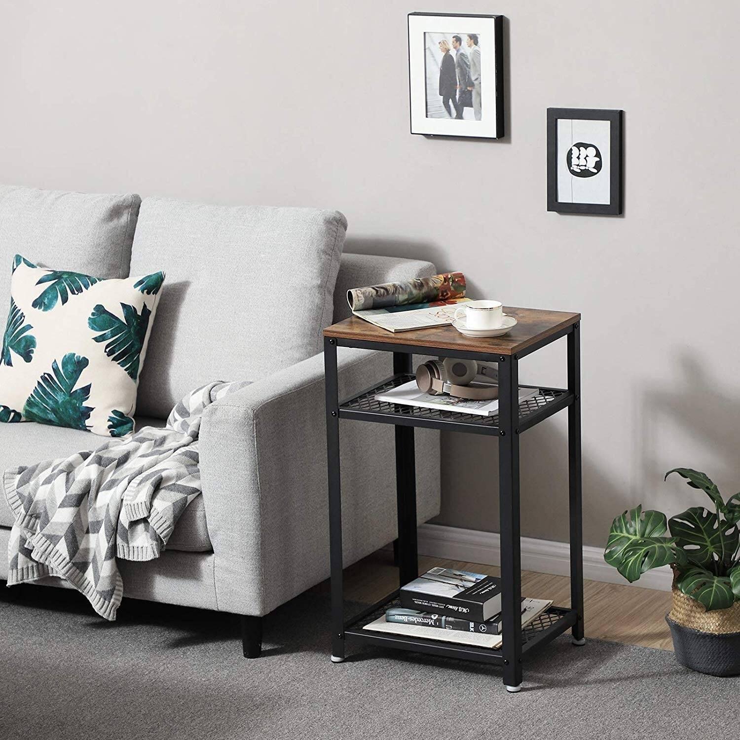 Industrial Style Iron and Wood Side Table with Two Tier Mesh Shelves - myhomestore.com.pk