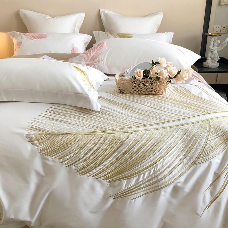 Luxury New Leaf Embroidery Duvet Set Pink and Golden - myhomestore.com.pk