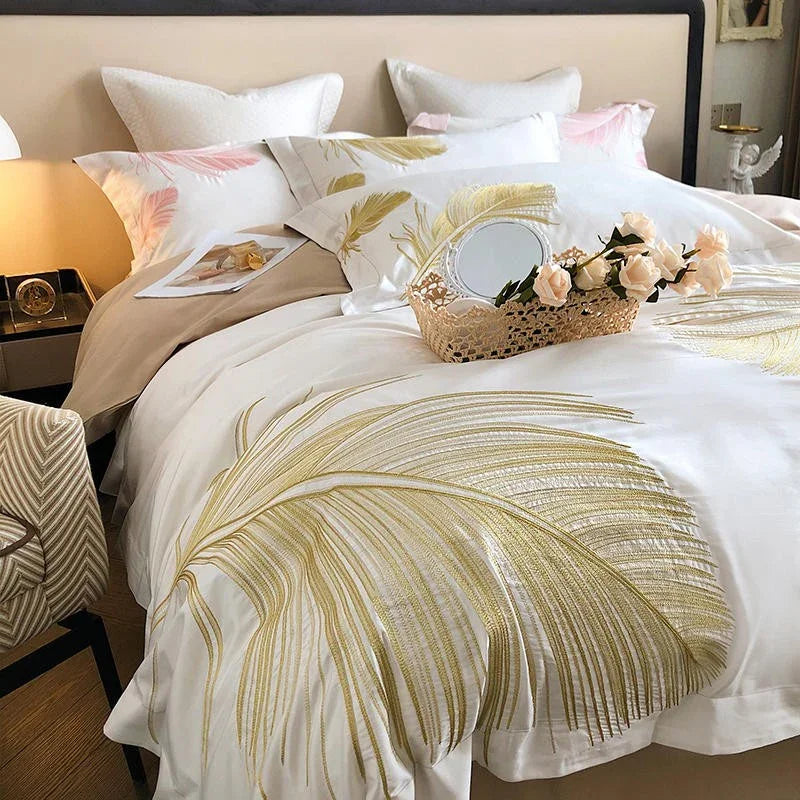 Luxury New Leaf Embroidery Duvet Set Pink and Golden - myhomestore.com.pk
