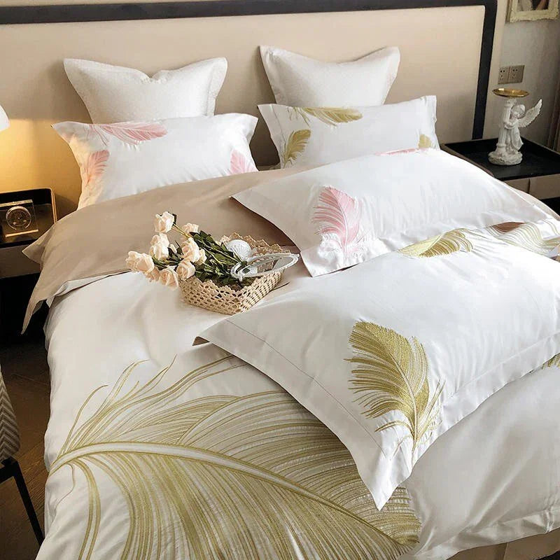 Luxury New Leaf Embroidery Duvet Set Pink and Golden - myhomestore.com.pk