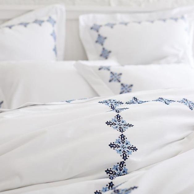 Luxury New White Cotton Satin With Blue Flowered Embroidery Duvet Set - myhomestore.com.pk
