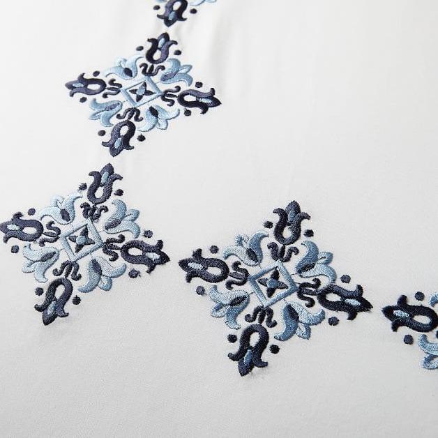 Luxury New White Cotton Satin With Blue Flowered Embroidery Duvet Set - myhomestore.com.pk