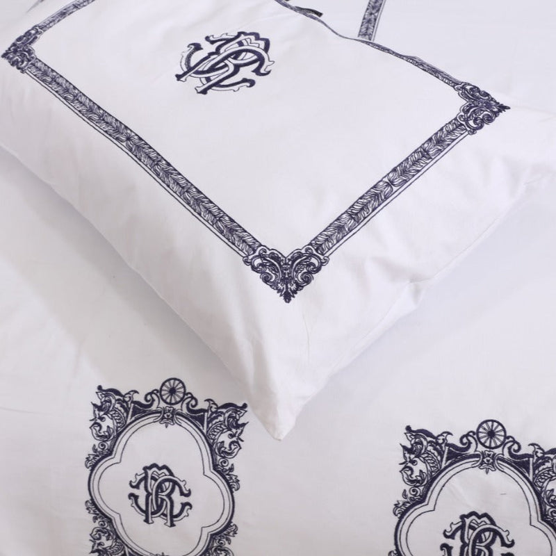 White With Navy Blue Embroidered Duvet Set