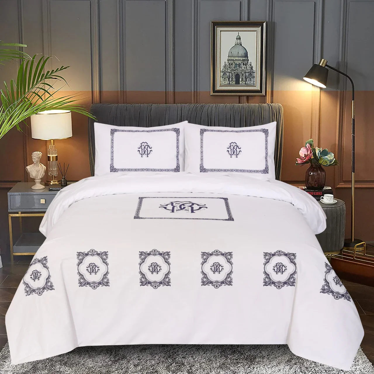 White With Navy Blue Embroidered Duvet Set - myhomestore.com.pk