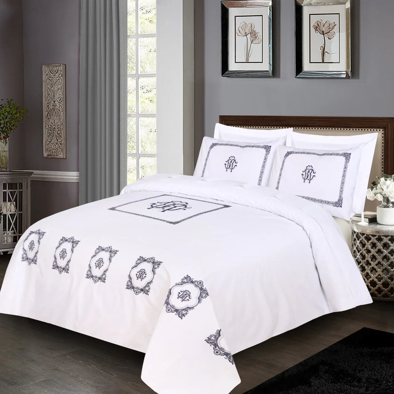 White With Navy Blue Embroidered Duvet Set - myhomestore.com.pk