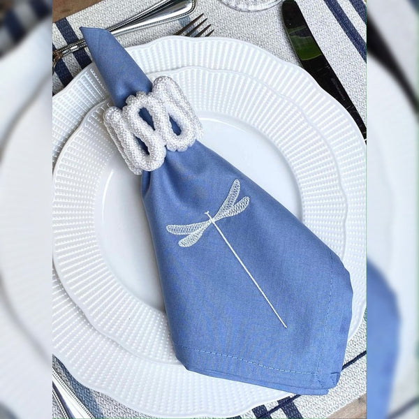 Sky Blue Napkins With Off White Dragonfly Embroidered