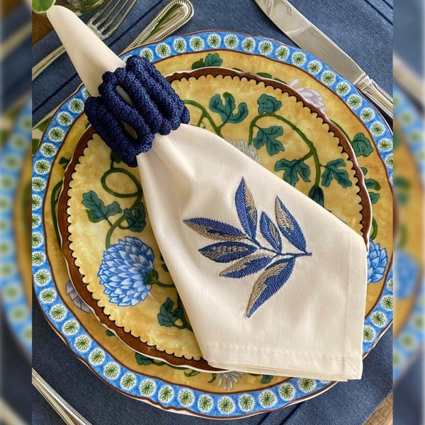 Sand Napkins With Beige And Navy Foliage Embroidered