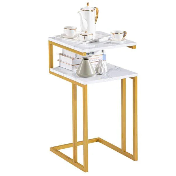 C - Type Side Table Double - Layer Gold Marble MDF - myhomestore.com.pk