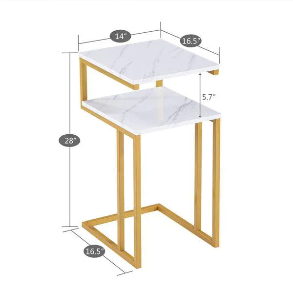 C - Type Side Table Double - Layer Gold Marble MDF - myhomestore.com.pk