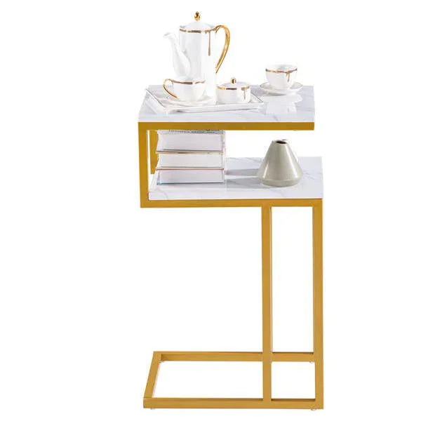 C - Type Side Table Double - Layer Gold Marble MDF - myhomestore.com.pk