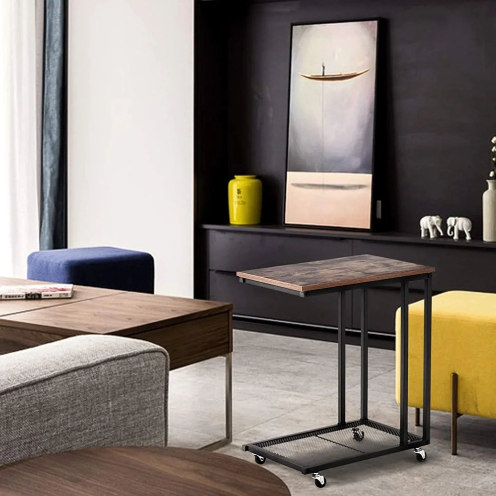 Coffee Table with Wheels – C - Shaped, Wood & Black Design - myhomestore.com.pk