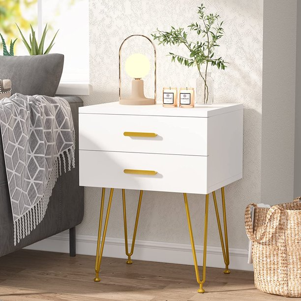 Tribesigns 2-Drawer White and Gold Nightstand
