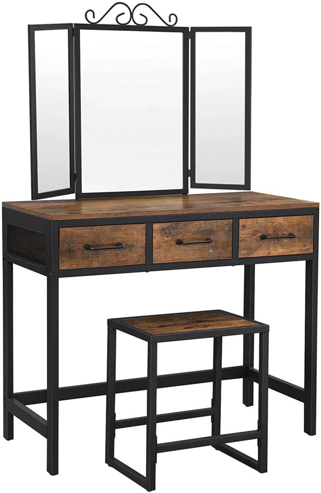 Dressing Table, Makeup Desk with 1 Stool, Tri - Fold Mirror and 3 Drawers, Steel Frame - myhomestore.com.pk