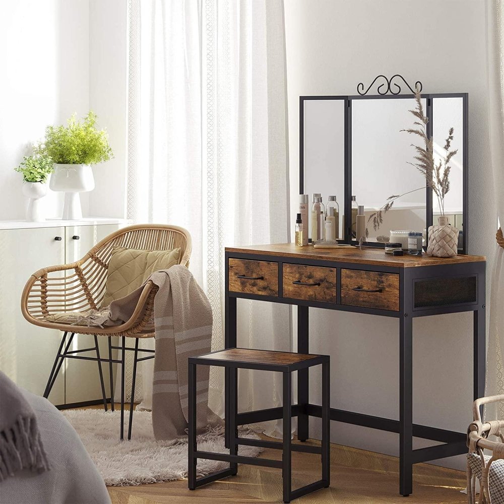 Dressing Table, Makeup Desk with 1 Stool, Tri - Fold Mirror and 3 Drawers, Steel Frame - myhomestore.com.pk