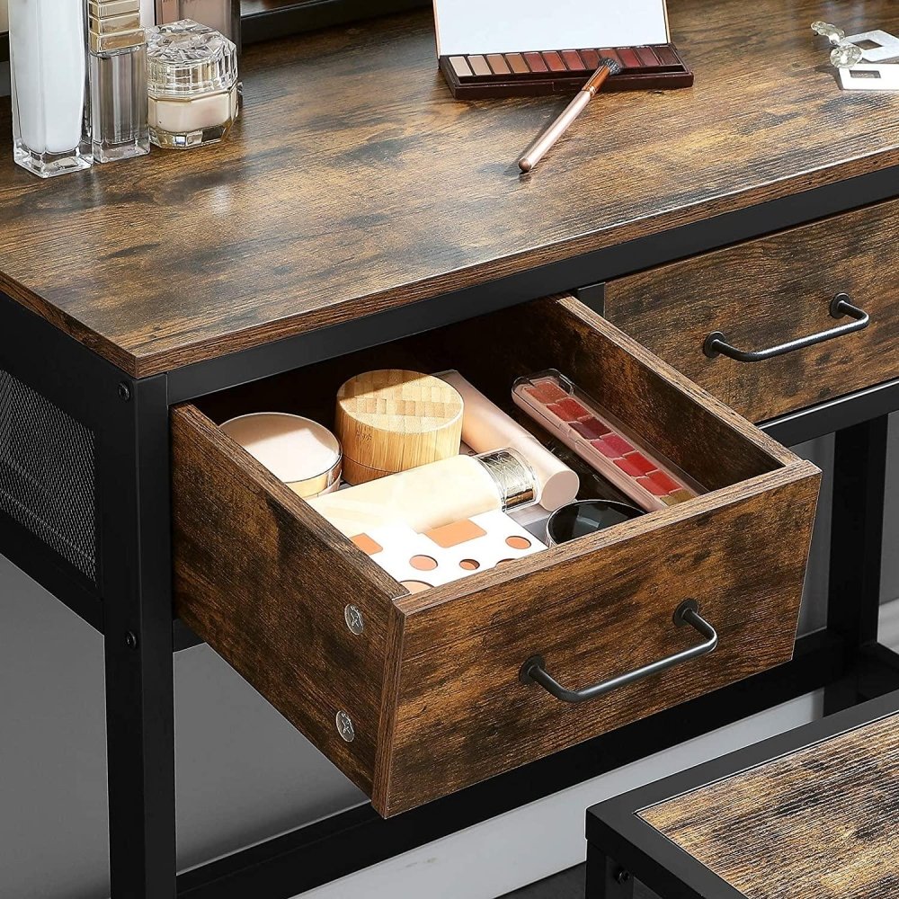 Dressing Table, Makeup Desk with 1 Stool, Tri - Fold Mirror and 3 Drawers, Steel Frame - myhomestore.com.pk