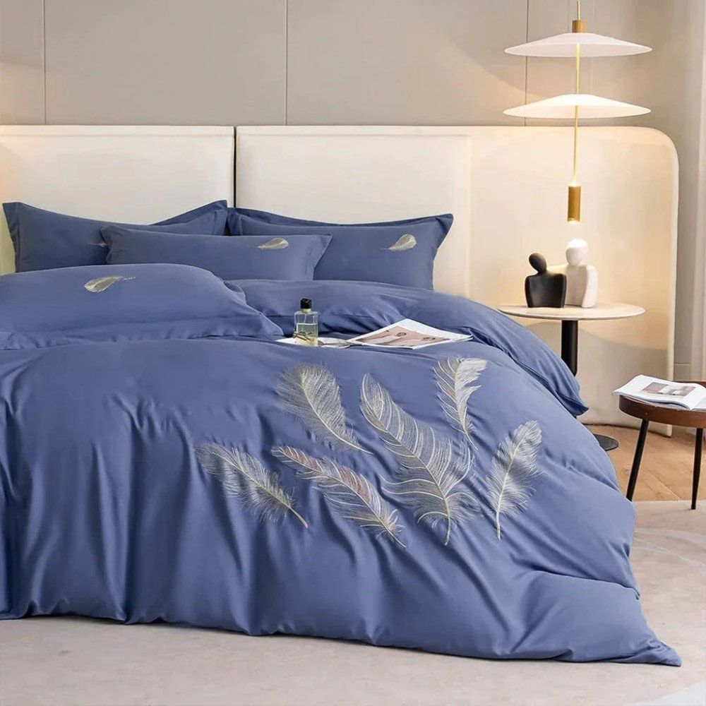 Feather Pattern Cotton Satin Embroidery Duvet Set - myhomestore.com.pk
