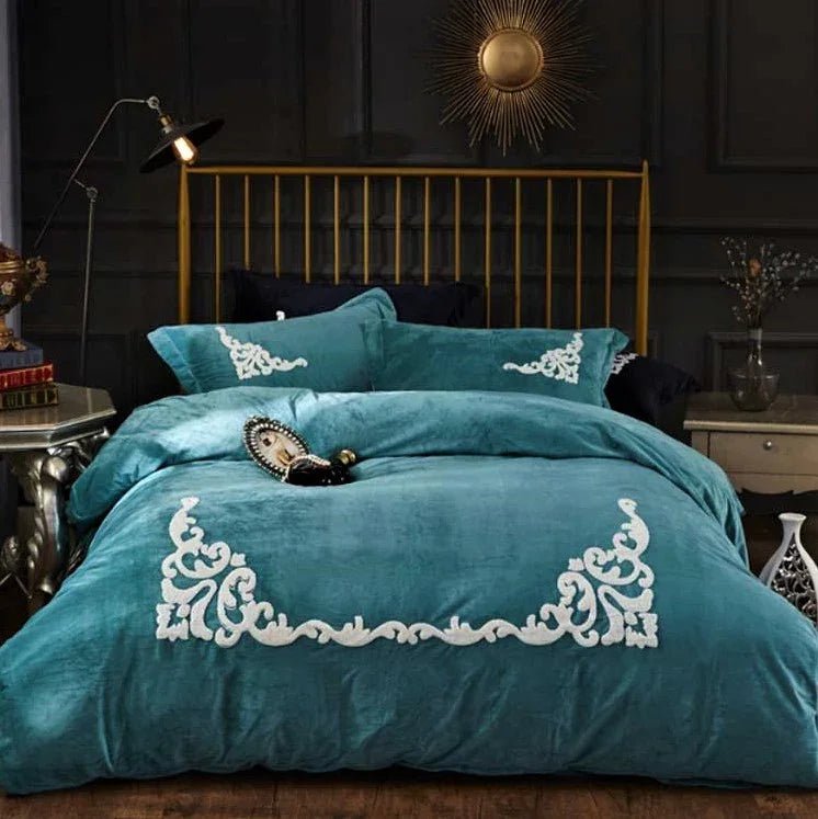 Ferozi Ruffle Embroidery Velvet Duvet Set - myhomestore.com.pk