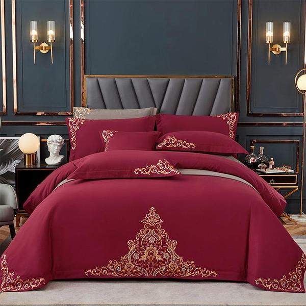 Maroon Elegant Embroidered Cotton European Style Duvet Set - myhomestore.com.pk