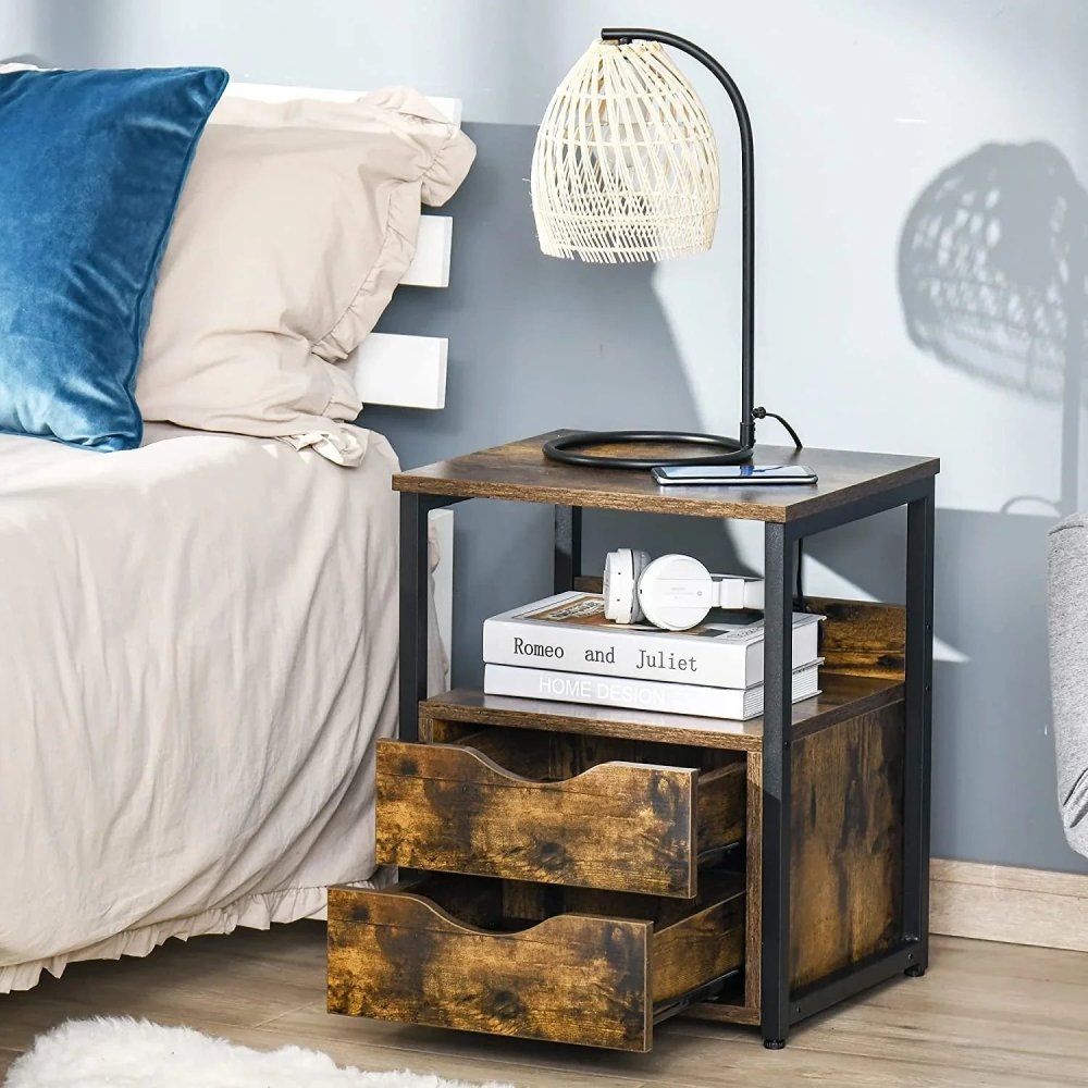 Industrial Side Table with 2 Storage Drawers for Living Room - myhomestore.com.pk