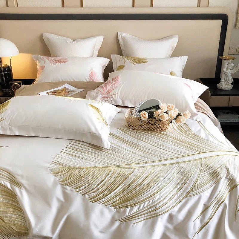 Luxury New Leaf Embroidery Duvet Set Pink and Golden - myhomestore.com.pk