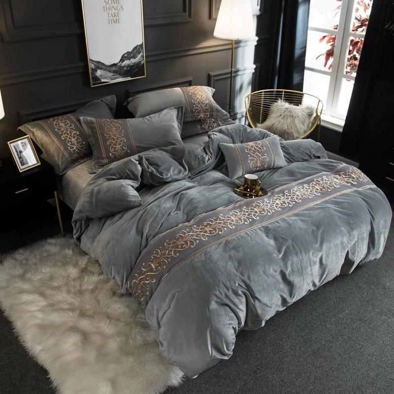Luxury Silvery Grey with Skin Embroidered Turkish Velvet Duvet - myhomestore.com.pk