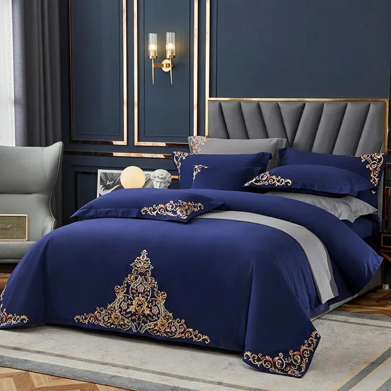 Navy Elegant Embroidered Cotton European Style Duvet Set - myhomestore.com.pk