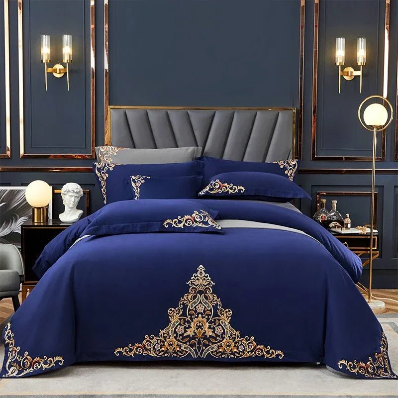 Navy Elegant Embroidered Cotton European Style Duvet Set - myhomestore.com.pk